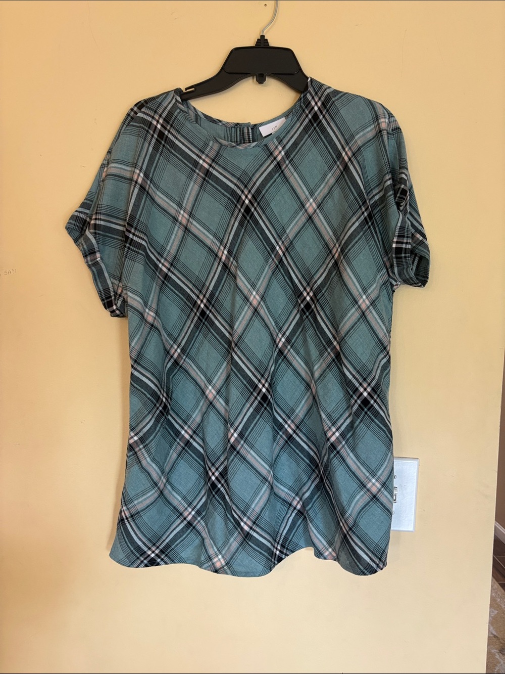 J Jill Teal Plaid Short Sleeve Top